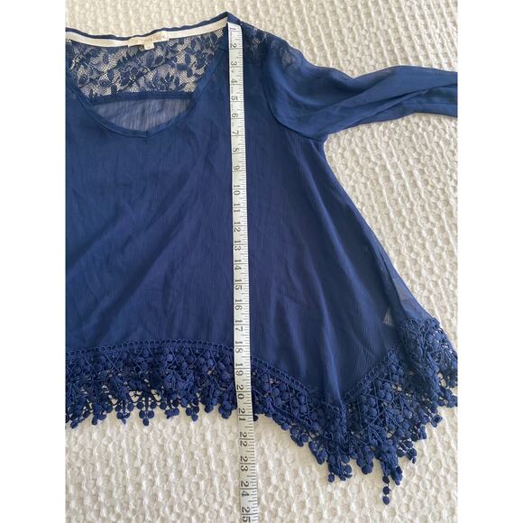 Rewind Navy Blue Semi-Sheer Lace Crochet Long Sleeve Loose Fit Blouse Sz Small - Picture 7 of 11
